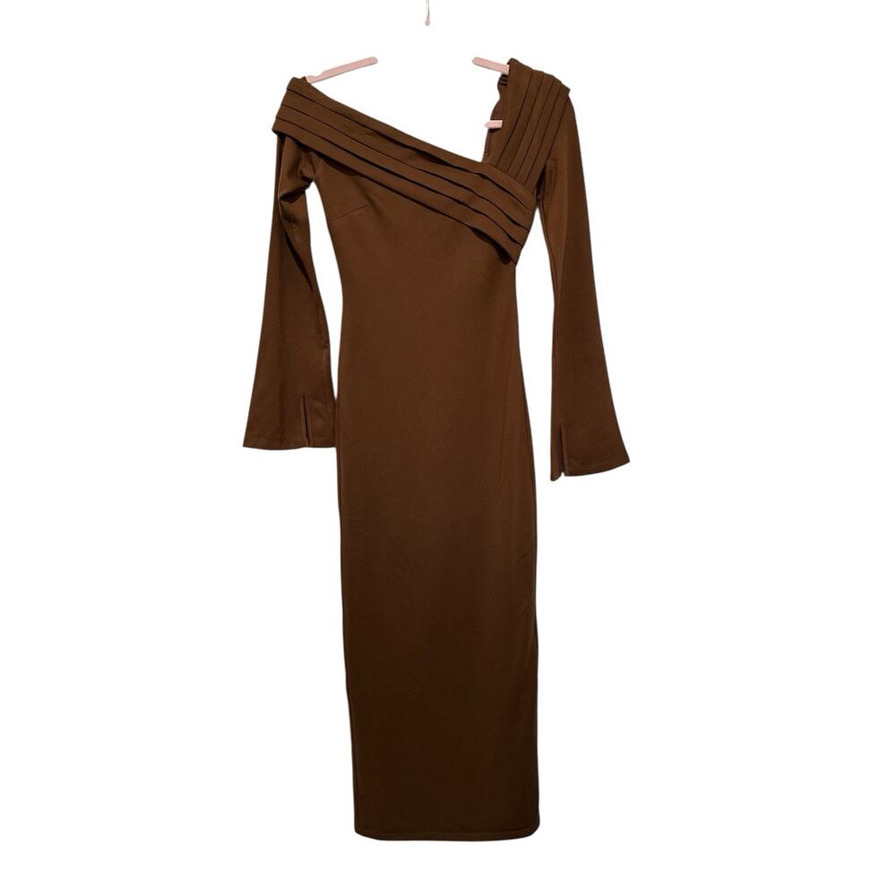 Elexiay Enugu Midi Dress off-the-shoulder brown draped cowl neck Size M - Picture 5 of 7